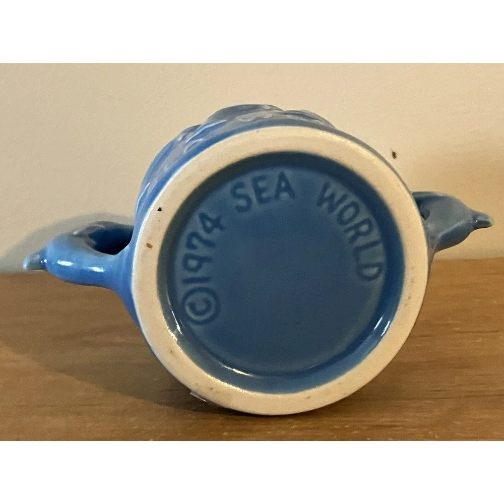 1974 Vintage Blue Sea World Ceramic Sugar Bowl with Dolphins -Japan